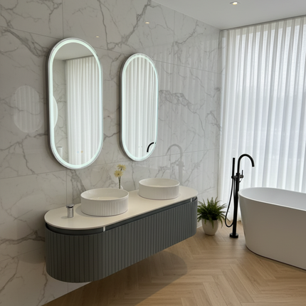 Mobilier baie suspendat dublu cu lavoare și oglinzi LED – Design modern, 160 cm