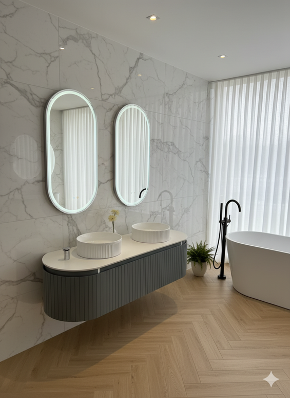 Mobilier baie suspendat dublu cu lavoare și oglinzi LED – Design modern, 160 cm