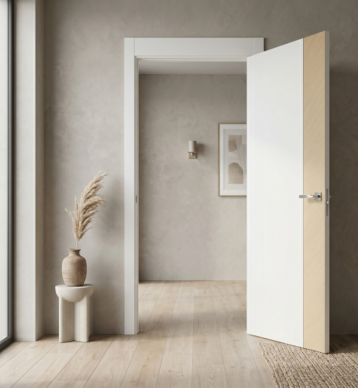 Ușă vopsită JYP-104 Alb cu inserție furnir și riflaj