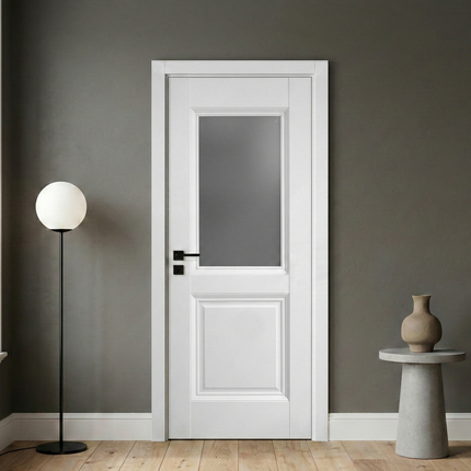 Ușă de interior albă JYA-067 cu sticlă satinată