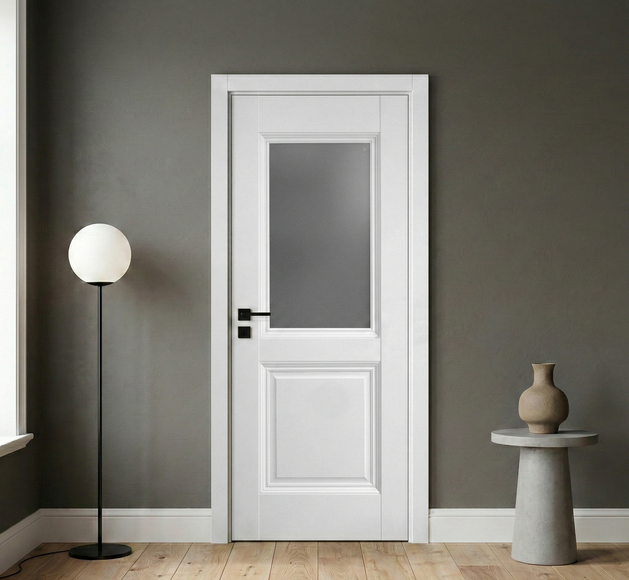Ușă de interior albă JYA-067 cu sticlă satinată
