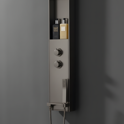 Panel de Duș Gun Metal – Design Minimalist cu Duș Fix, Rafturi Integrate și Duș de Mână
