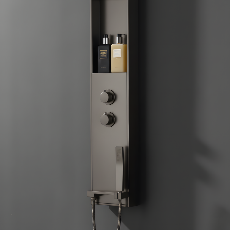 Panel de Duș Gun Metal – Design Minimalist cu Duș Fix, Rafturi Integrate și Duș de Mână