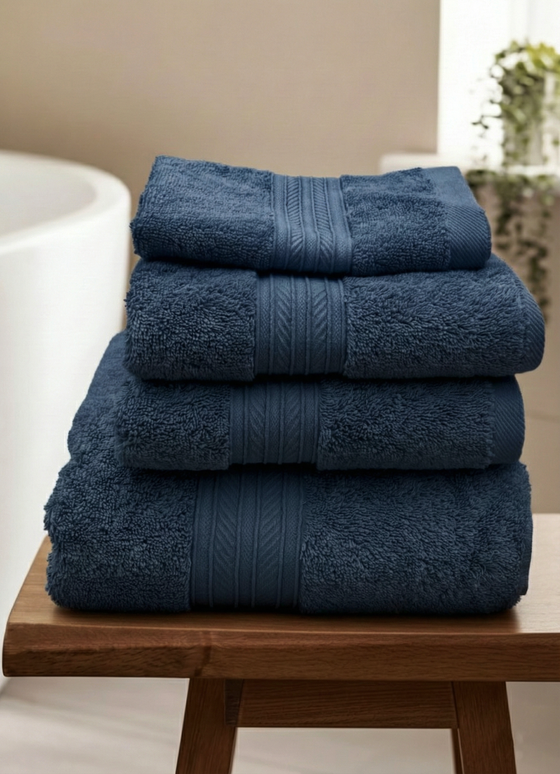 Set prosoape premium 4 piese, baie + mâini, 100% bumbac, albastru inchis