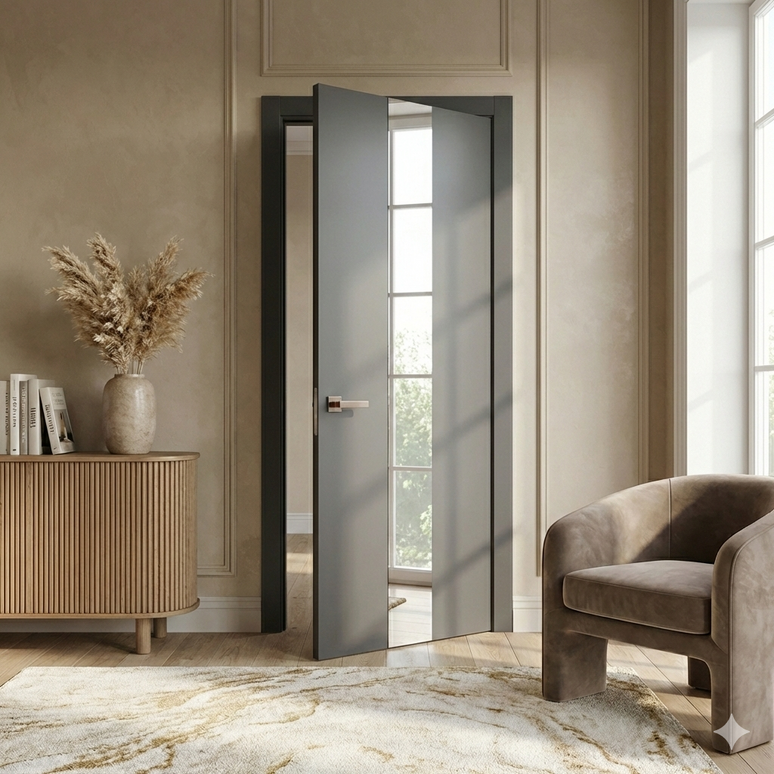 Ușă de interior PL 06 – Design modern cu bandă centrală din sticlă sau oglindă