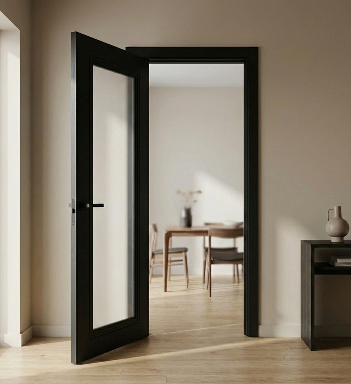 Ușă T-13 Negru Mat cu Sticlă Sablata