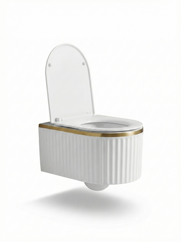 Vas WC Suspendat Rimless W02L-GGLG-M – Alb Mat Striat cu Linie Aurie Soft-Close