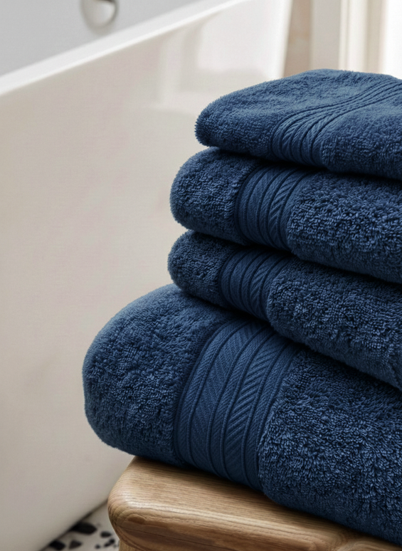 Set prosoape premium 4 piese, baie + mâini, 100% bumbac, albastru inchis