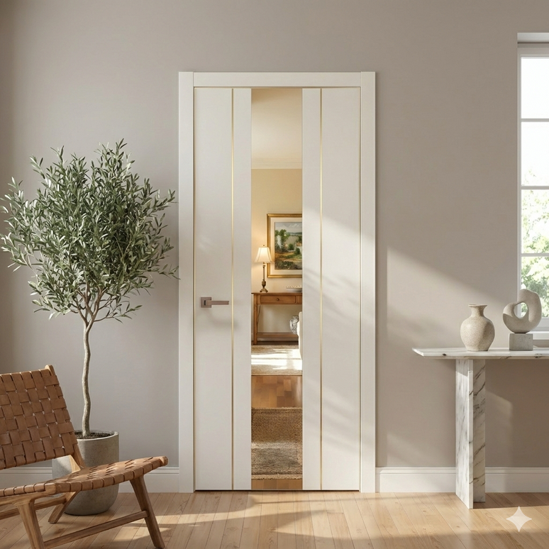 Ușă de interior PL-29 –alb- design vertical cu oglinda si insertii aurii