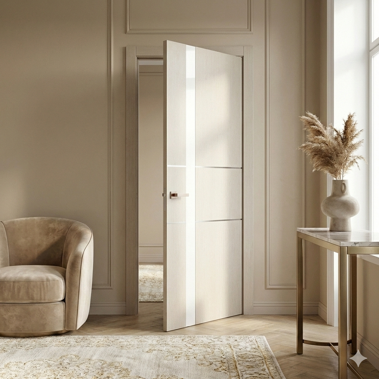 Ușă de interior PL-08 – design premium cu sticlă/oglindă aplicată vertical