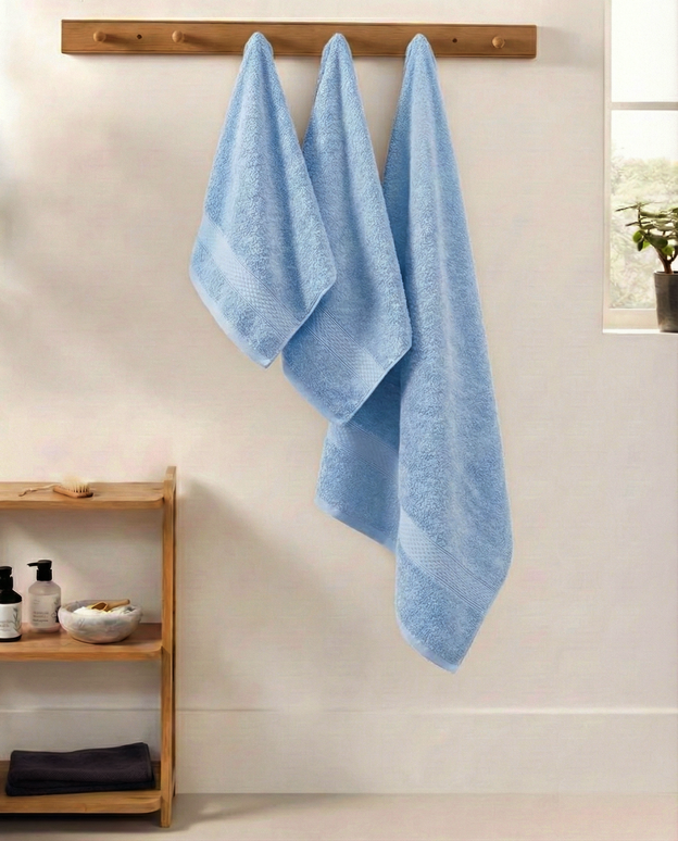 Set 3 prosoape baie, bumbac 100%, ALBASTRU GRI, 75×150 cm + 40×80 cm + 50×80 cm