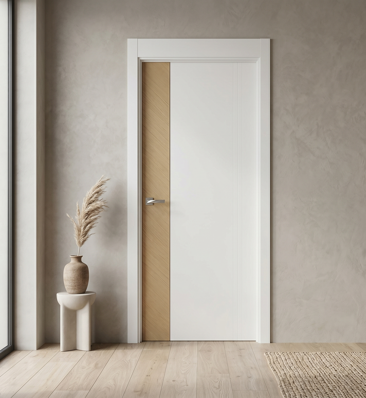 Ușă vopsită JYP-104 Alb cu inserție furnir și riflaj