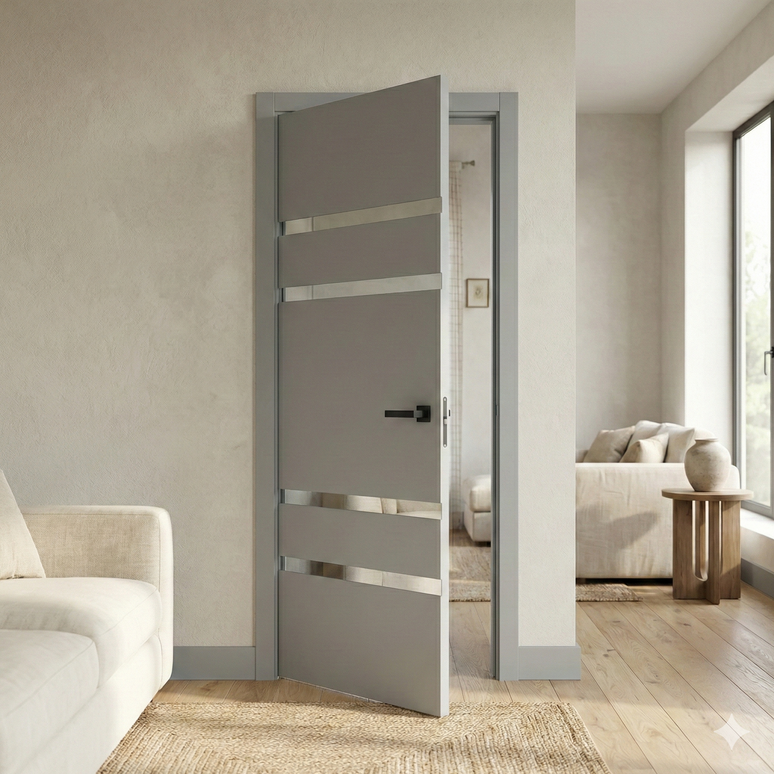 Ușă de interior PL-27 – design modern cu 4 fâșii din oglindă/sticlă aplicată