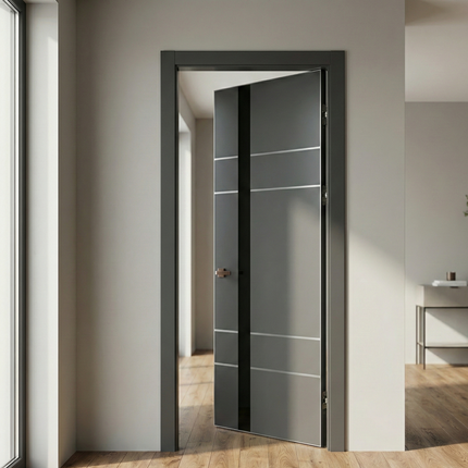 Ușă de interior PL-10 – design modern cu inserție din aluminiu și sticlă aplicată