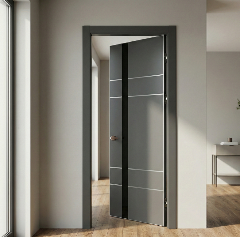 Ușă de interior PL-10 – design modern cu inserție din aluminiu și sticlă aplicată