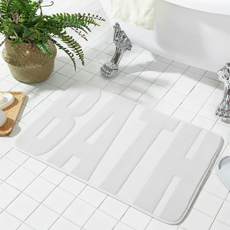 Covoraș baie cu inscripție BATH, antiderapant TRP, 45×75 cm, Alb