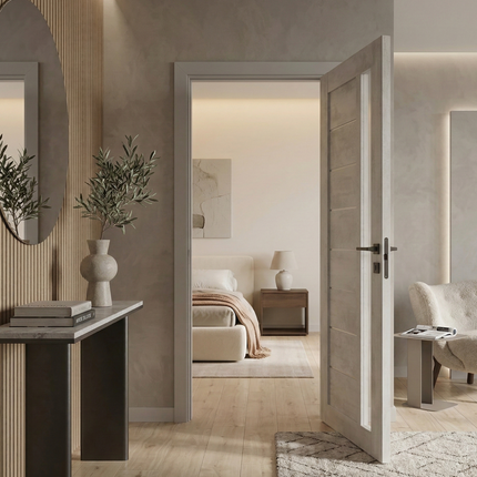 Ușă de interior Deco 09 G Light Cement cu sticlă satinată