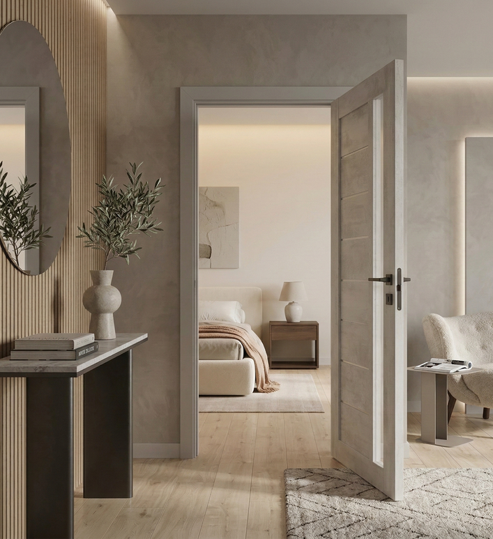 Ușă de interior Deco 09 G Light Cement cu sticlă satinată