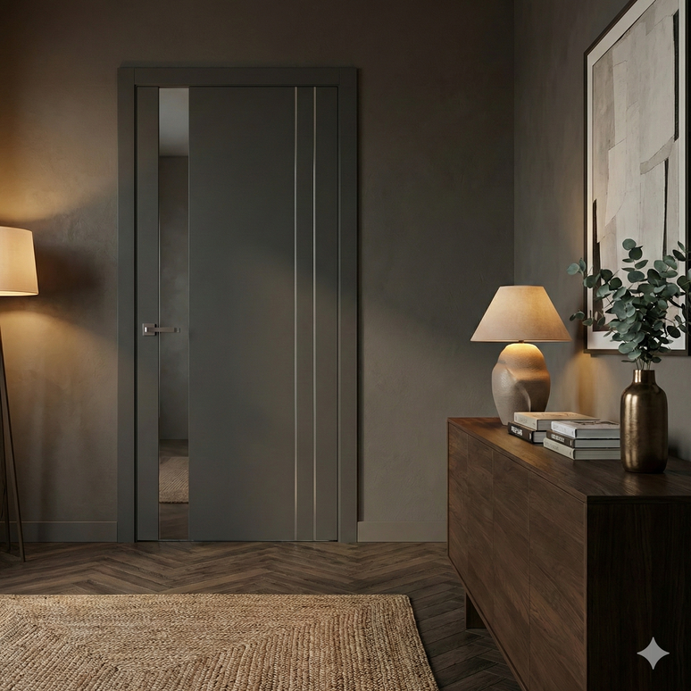 Ușă de interior PL-22 – design modern cu sticlă aplicată sau oglindă și inserții aluminiu
