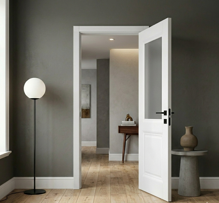 Ușă de interior albă JYA-067 cu sticlă satinată