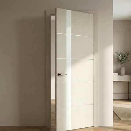 Ușă de interior PL-12 – eleganță geometrică cu sticlă aplicată și inserții din aluminiu