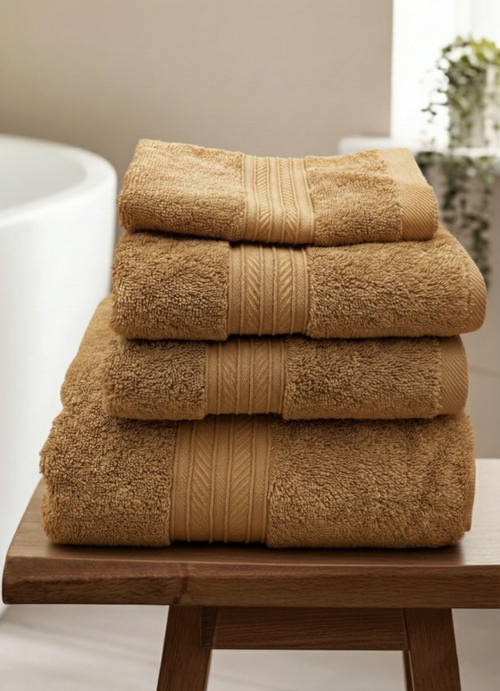 Set prosoape premium 4 piese, baie + mâini, 100% bumbac, mustar