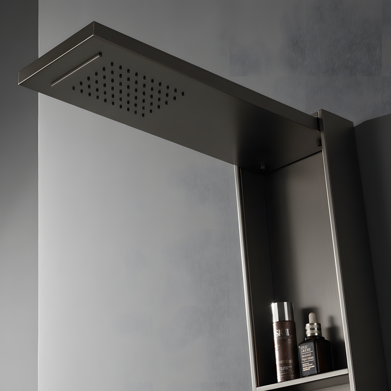 Panel de Duș Gun Metal – Design Minimalist cu Duș Fix, Rafturi Integrate și Duș de Mână