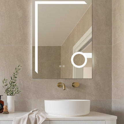 Oglindă LED Baie H-1041B cu Lupă Cosmetică, 3 Nuanțe Lumină, Anti-Aburire și Touch Control