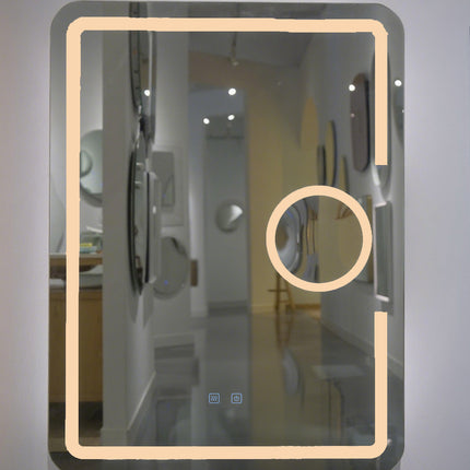 Oglindă baie LED H-1041 dreptunghiulară cu lupă cosmetică, 3 funcții lumină și anti-aburire