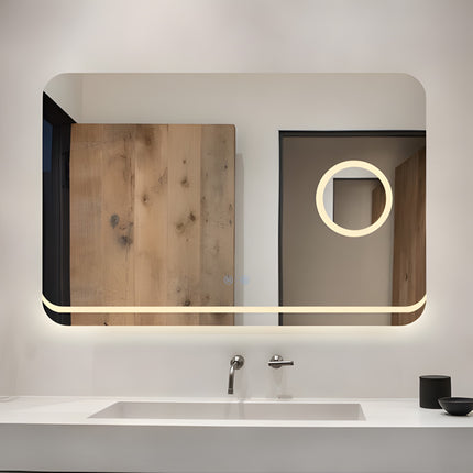 Oglindă Baie LED H-1083 Dreptunghiulară cu Lupă Cosmetică, 3 Funcții de Lumină, Anti-Aburire și Comutator Tactil
