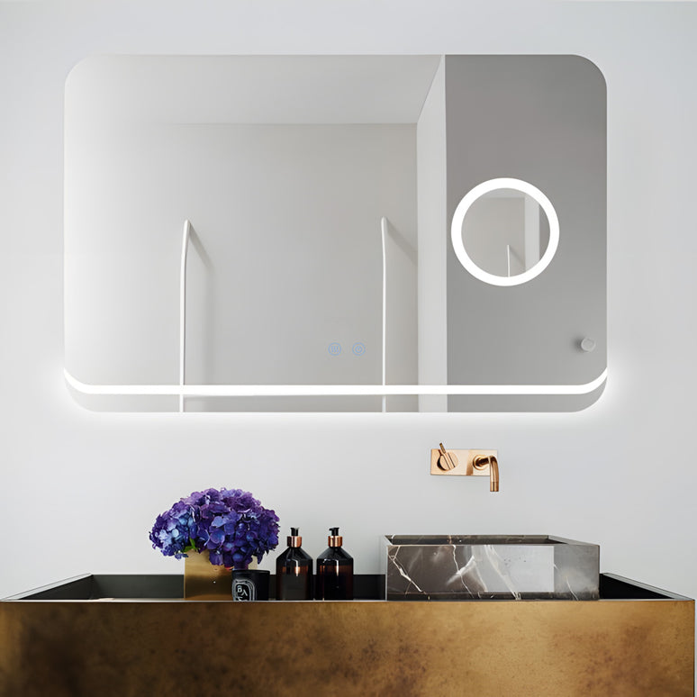 Oglindă Baie LED H-1083 Dreptunghiulară cu Lupă Cosmetică, 3 Funcții de Lumină, Anti-Aburire și Comutator Tactil