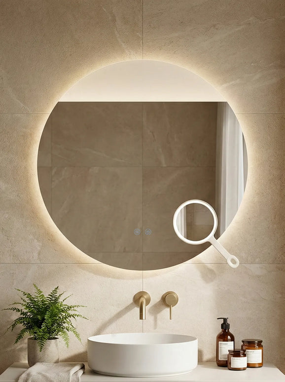 Oglindă baie LED ⌀80 cm rotundă cu lumină COB, 3 nuanțe de lumină, lupă cosmetică, dezaburire și touch control J-2003