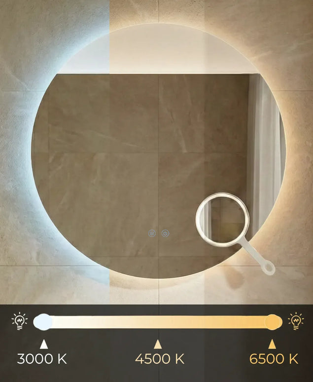 Oglindă baie LED ⌀80 cm rotundă cu lumină COB, 3 nuanțe de lumină, lupă cosmetică, dezaburire și touch control J-2003