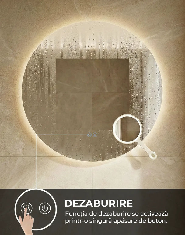 Oglindă baie LED ⌀80 cm rotundă cu lumină COB, 3 nuanțe de lumină, lupă cosmetică, dezaburire și touch control J-2003