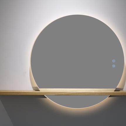 Oglindă Rotundă LED H-2004 cu Raft din Lemn – 3 Nuante de Lumină, Anti-Aburire, Touch Control