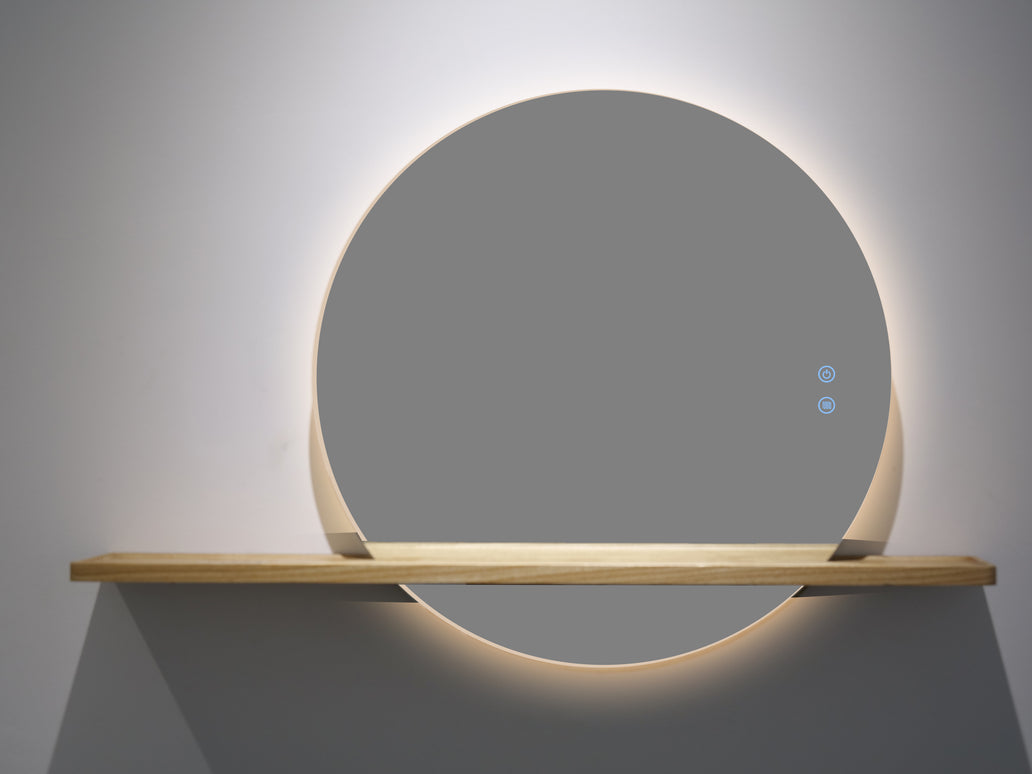 Oglindă Rotundă LED H-2004 cu Raft din Lemn – 3 Nuante de Lumină, Anti-Aburire, Touch Control