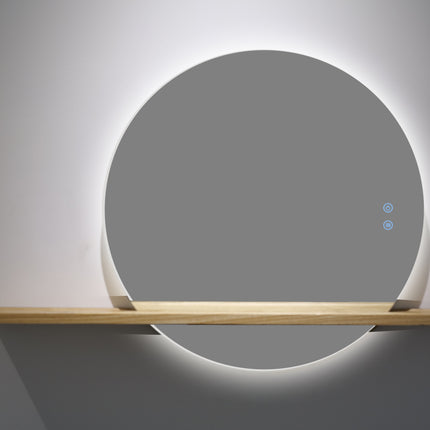 Oglindă Rotundă LED H-2004 cu Raft din Lemn – 3 Nuante de Lumină, Anti-Aburire, Touch Control