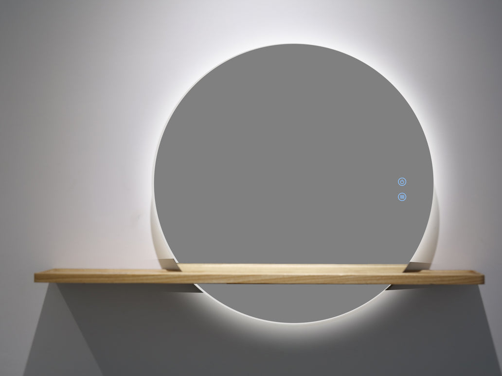Oglindă Rotundă LED H-2004 cu Raft din Lemn – 3 Nuante de Lumină, Anti-Aburire, Touch Control