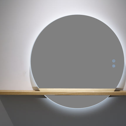 Oglindă Rotundă LED H-2004 cu Raft din Lemn – 3 Nuante de Lumină, Anti-Aburire, Touch Control