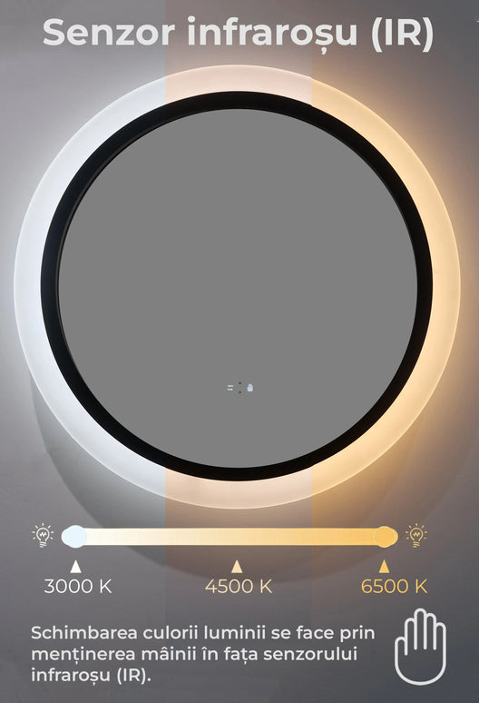 Oglindă baie LED ⌀60 cm rotundă, 3 nuanțe de lumină, senzor infraroșu J-2022