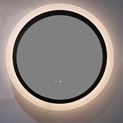 Oglindă rotundă cu LED H-2022, ramă acril + aluminiu negru, 3 nuanțe de lumină, anti-aburire, senzor infraroșu & comutator tactil