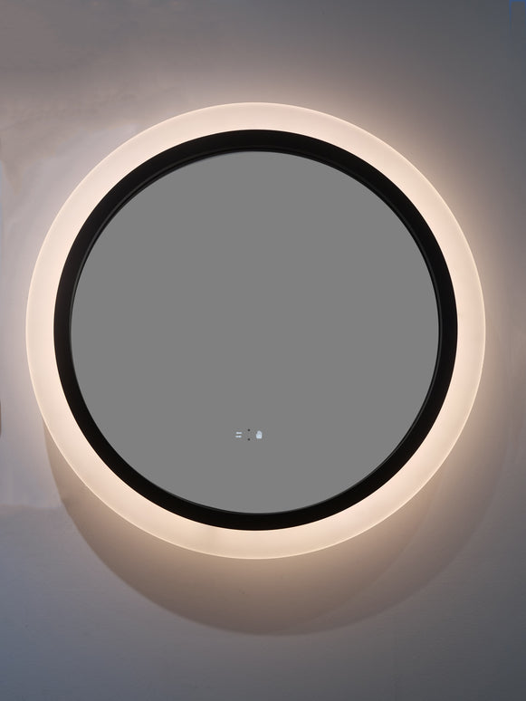 Oglindă rotundă cu LED H-2022, ramă acril + aluminiu negru, 3 nuanțe de lumină, anti-aburire, senzor infraroșu & comutator tactil