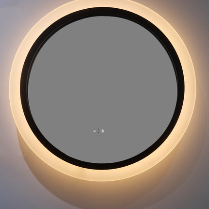 Oglindă rotundă cu LED H-2022, ramă acril + aluminiu negru, 3 nuanțe de lumină, anti-aburire, senzor infraroșu & comutator tactil