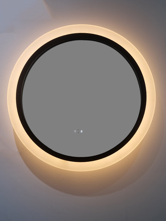 Oglindă rotundă cu LED H-2022, ramă acril + aluminiu negru, 3 nuanțe de lumină, anti-aburire, senzor infraroșu & comutator tactil