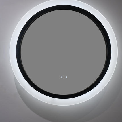 Oglindă rotundă cu LED H-2022, ramă acril + aluminiu negru, 3 nuanțe de lumină, anti-aburire, senzor infraroșu & comutator tactil