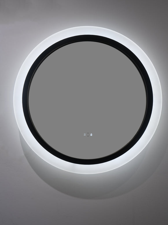 Oglindă rotundă cu LED H-2022, ramă acril + aluminiu negru, 3 nuanțe de lumină, anti-aburire, senzor infraroșu & comutator tactil