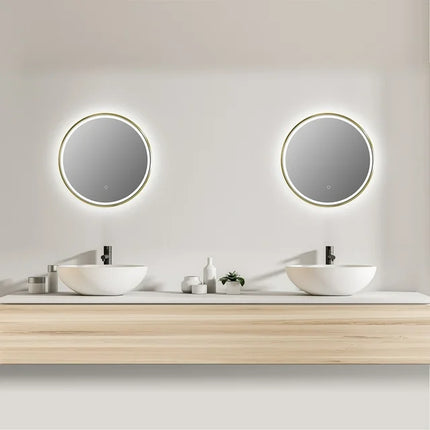 Oglindă baie LED H-2083 cu ramă aluminiu auriu și senzor tactil