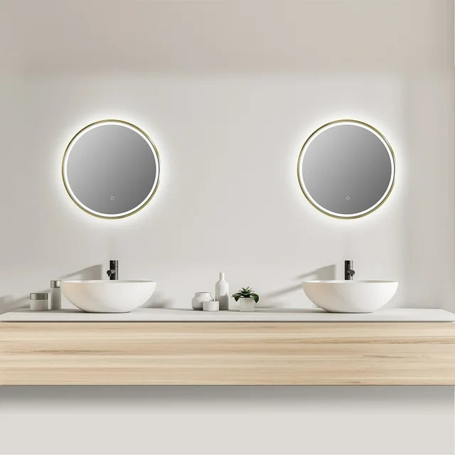 Oglindă baie LED H-2083 cu ramă aluminiu auriu și senzor tactil