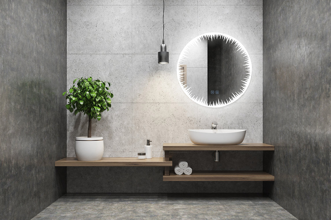 Oglindă rotundă LED H-2086 cu design artistic, 3 nuanțe de lumină, anti-aburire și touch control