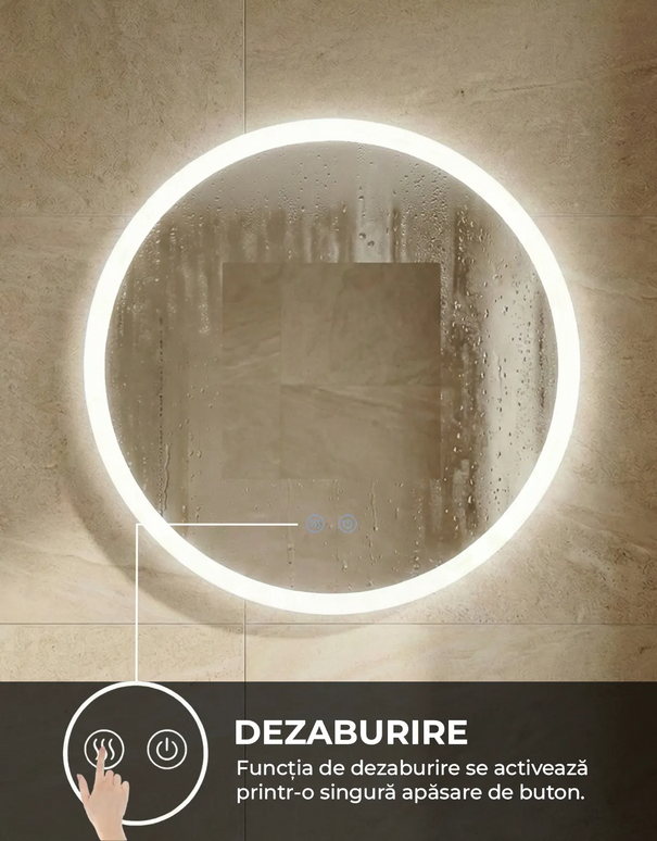 Oglindă baie LED ⌀50 cm rotundă, 3 nuanțe de lumină, dezaburire și touch control J-2112